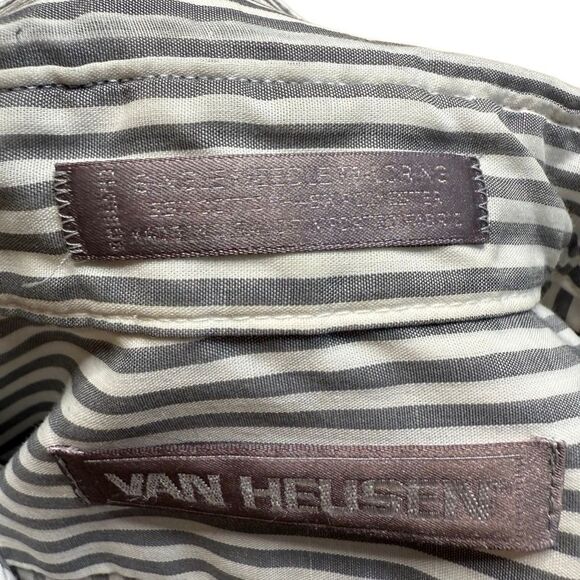 80s Vintage Van Heusen Grey and White Striped Button Down Shirt 16 34/35 - Picture 7 of 7